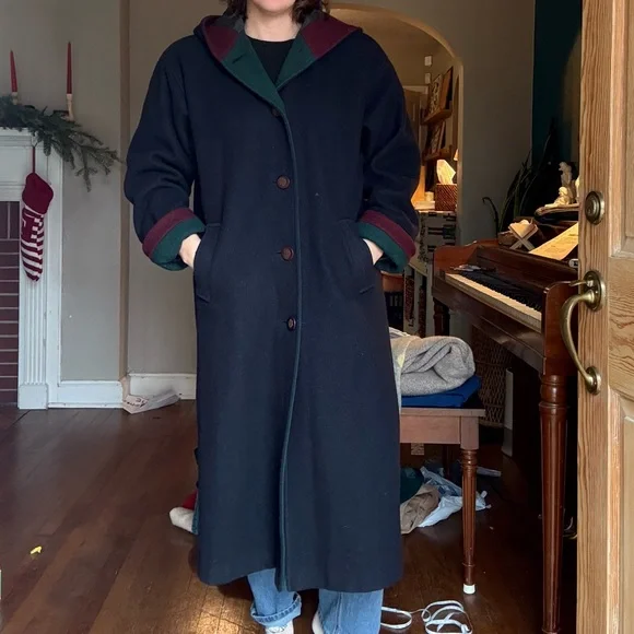 Cabin Creek Navy and Green Wool Trench Coat with Hood Burgundy Accents Size 6 - Picture 2 of 10